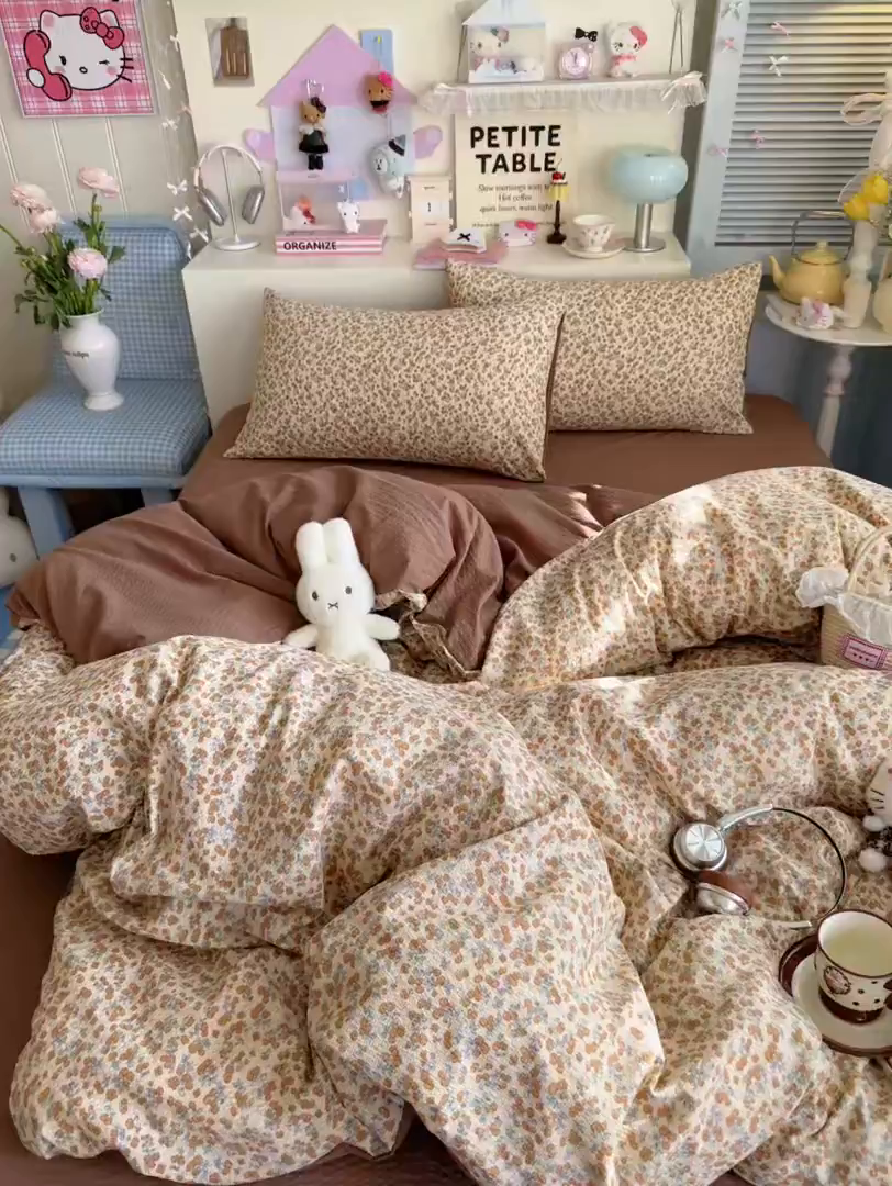 91家纺网 家纺一手货源 找家纺 优选 2026新款110g小清新高克重高品质直播热卖款A类泡芙棉双层纱四件套 伊柠