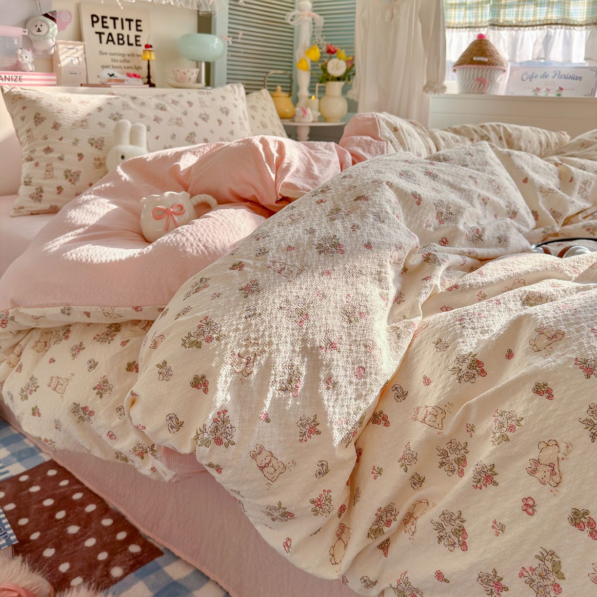 优选良品 2026新款小清新110g高品质直播热卖款A类泡芙棉双层纱四件套 花与兔