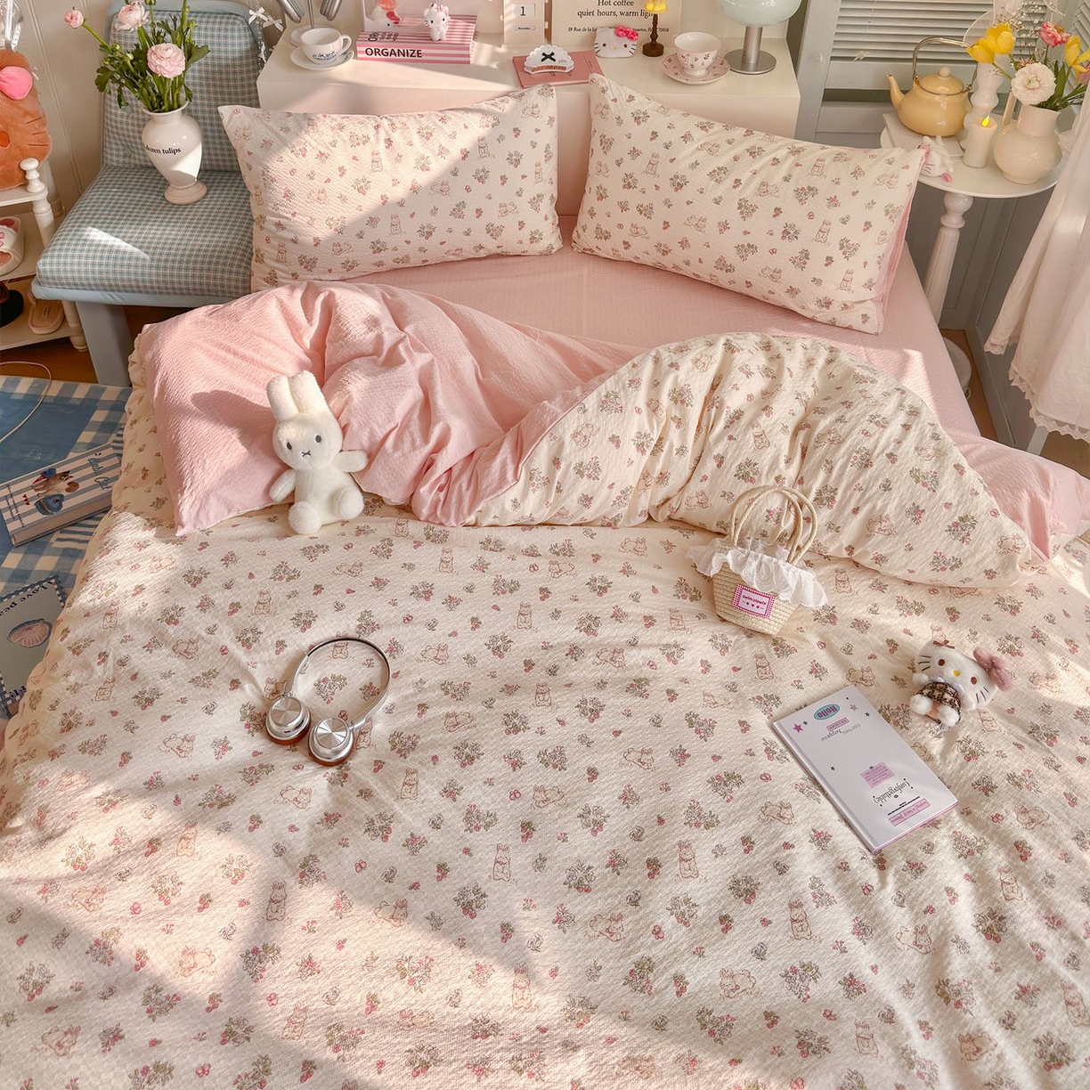 91家纺网 家纺一手货源 找家纺 优选良品 2026新款小清新110g高品质直播热卖款A类泡芙棉双层纱四件套 花与兔