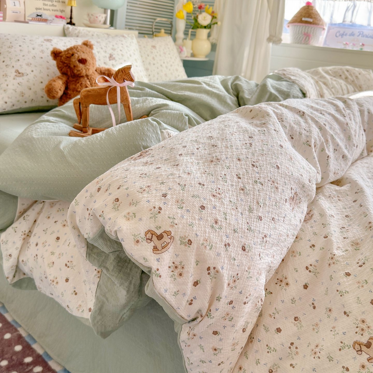 优选良品 2026新款小清新110g高品质直播热卖款A类泡芙棉双层纱四件套 欢快的小马驹