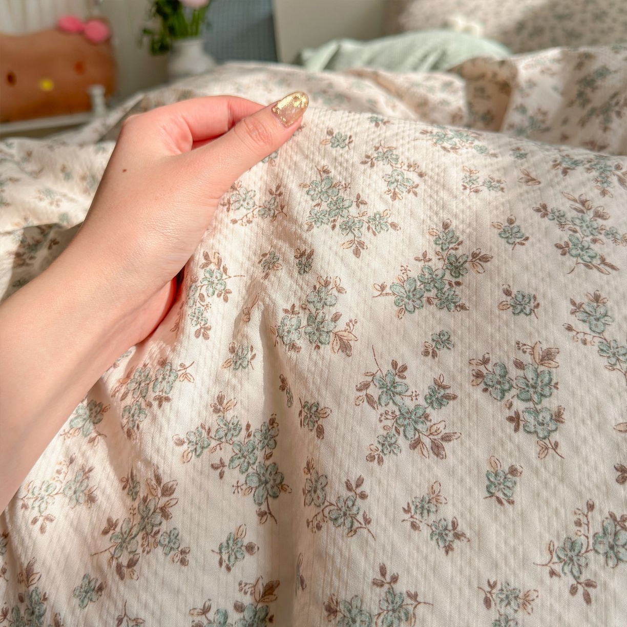 91家纺网 家纺一手货源 找家纺 优选良品 2026新款小清新110g高品质直播热卖款A类泡芙棉双层纱四件套 简夏