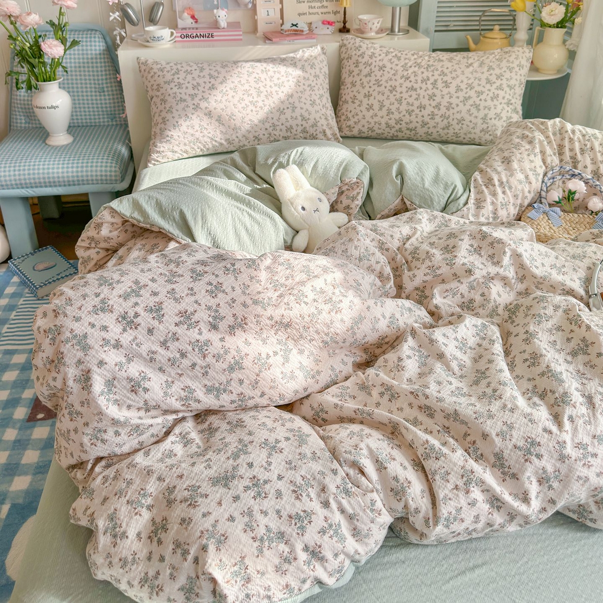 91家纺网 家纺一手货源 找家纺 优选良品 2026新款小清新110g高品质直播热卖款A类泡芙棉双层纱四件套 简夏