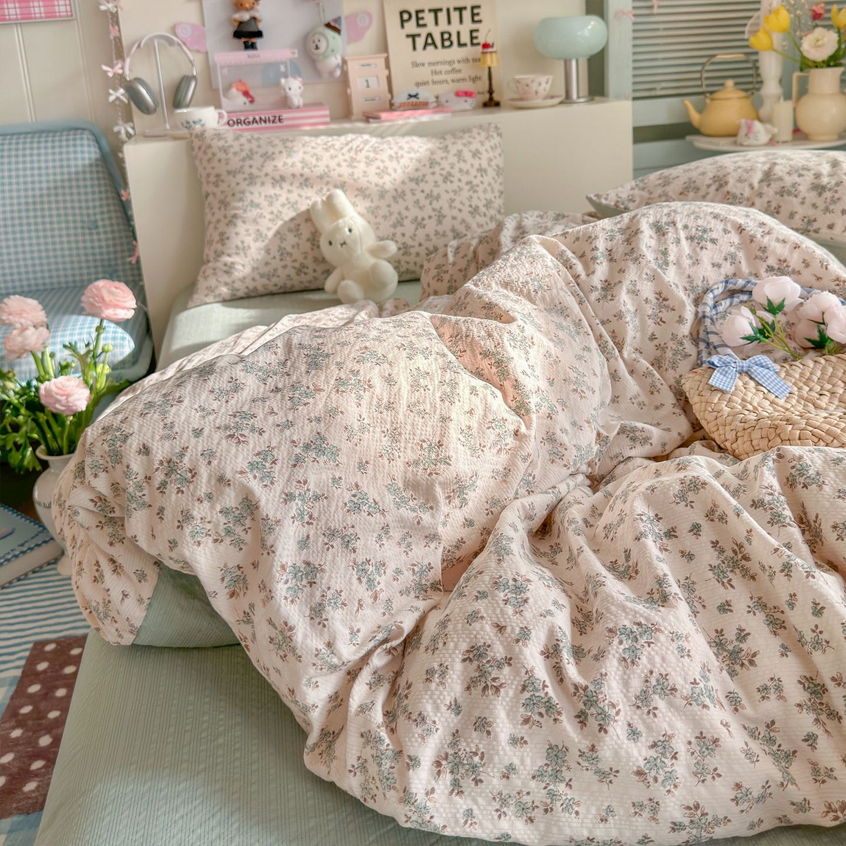 91家纺网 家纺一手货源 找家纺 优选良品 2026新款小清新110g高品质直播热卖款A类泡芙棉双层纱四件套 简夏