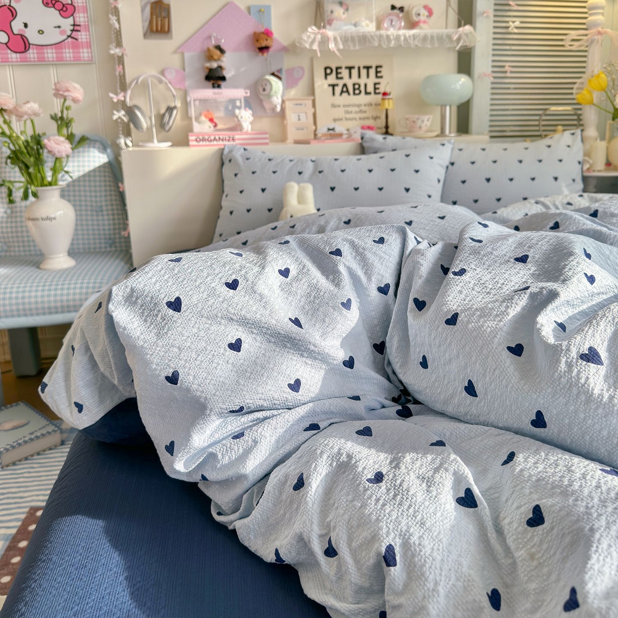 91家纺网 家纺一手货源 找家纺 优选良品 2026新款小清新110g高品质直播热卖款A类泡芙棉双层纱四件套 蓝调心心