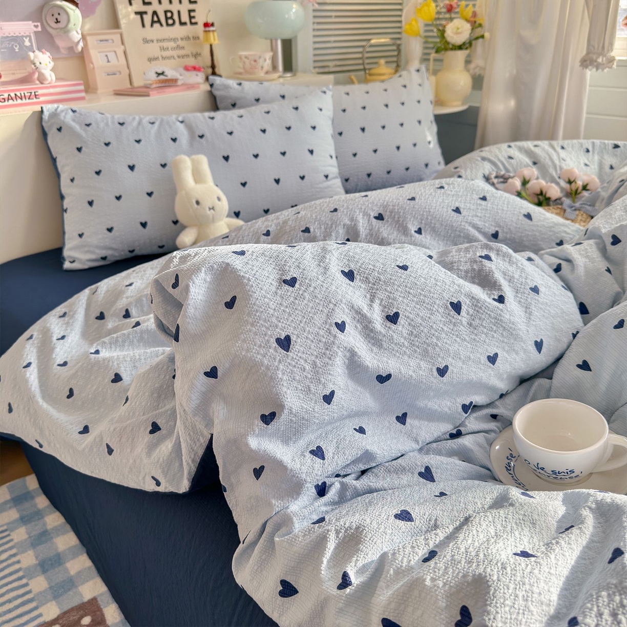 91家纺网 家纺一手货源 找家纺 优选良品 2026新款小清新110g高品质直播热卖款A类泡芙棉双层纱四件套 蓝调心心