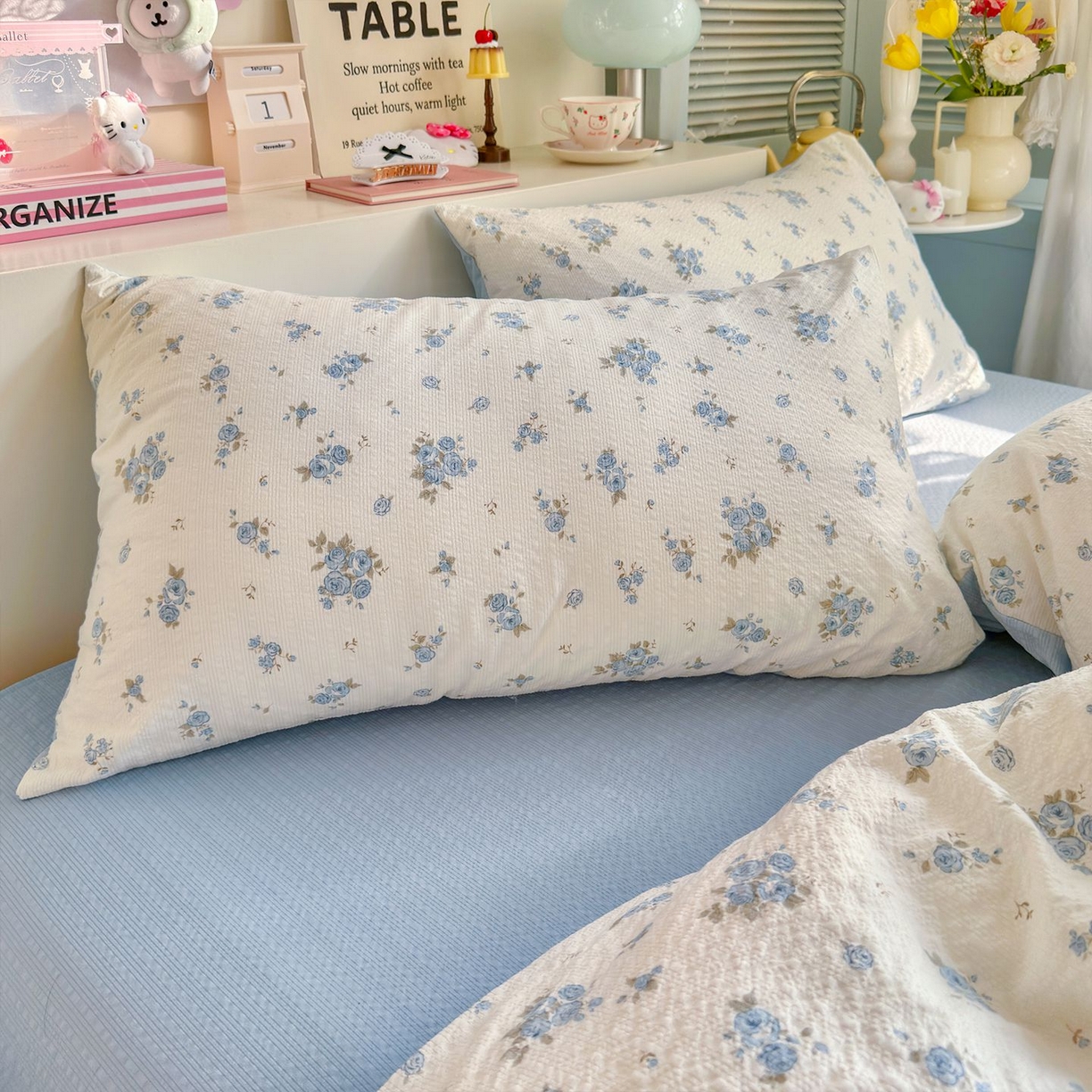 91家纺网 家纺一手货源 找家纺 优选良品 2026新款小清新110g高品质直播热卖款A类泡芙棉双层纱四件套 蓝萱