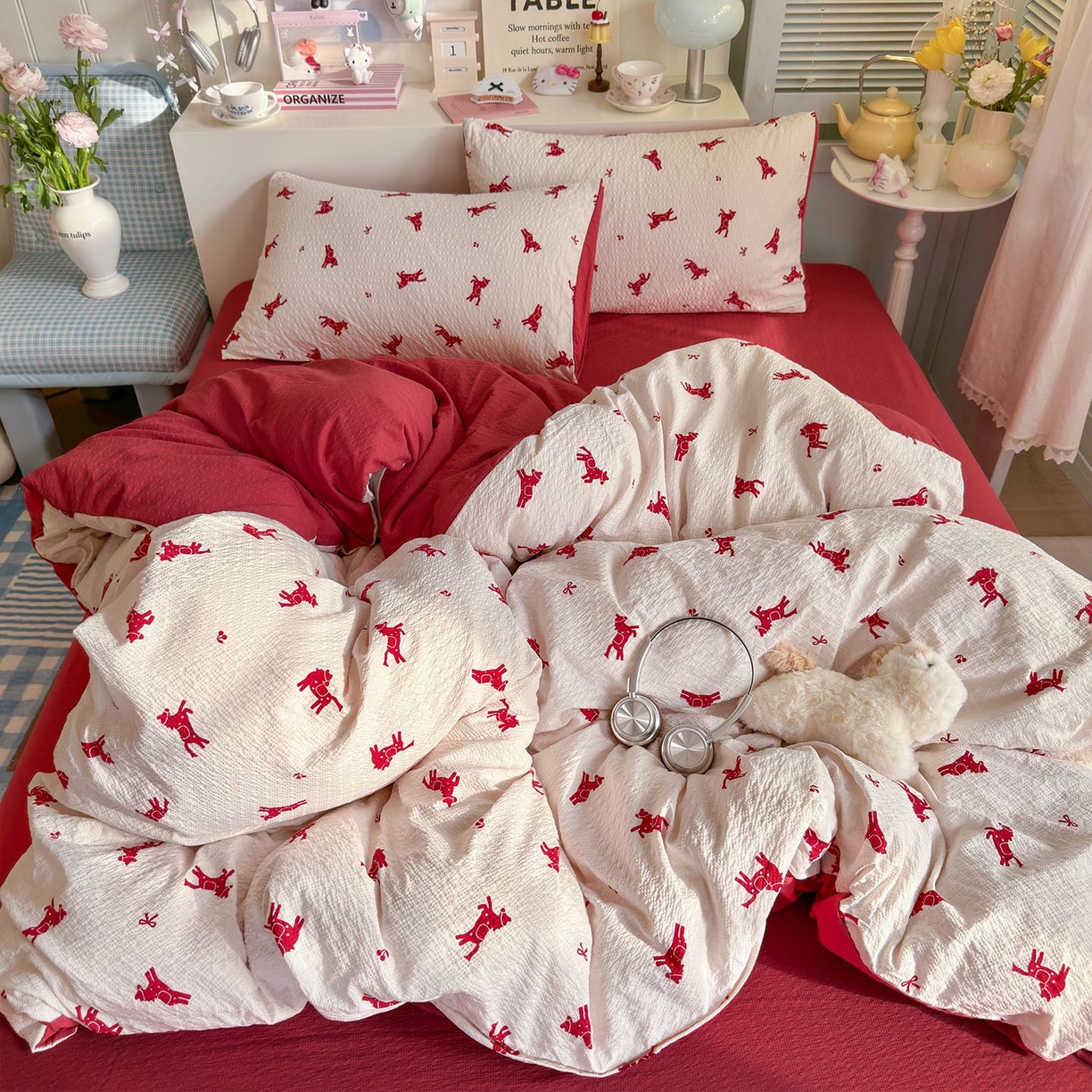 91家纺网 家纺一手货源 找家纺 优选良品 2026新款小清新110g高品质直播热卖款A类泡芙棉双层纱四件套 马上有钱