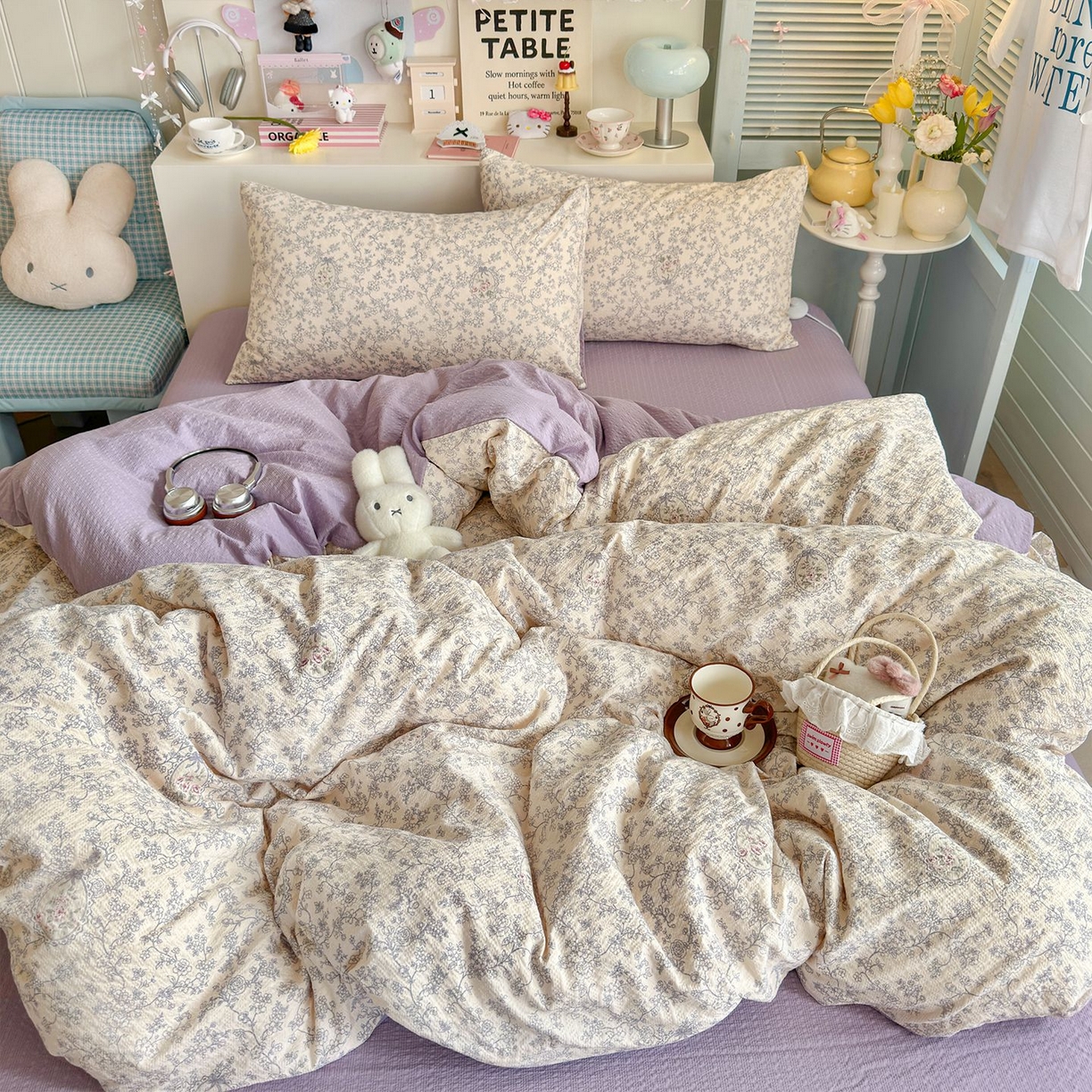 91家纺网 家纺一手货源 找家纺 优选良品 2026新款小清新110g高品质直播热卖款A类泡芙棉双层纱四件套 曼塔庄园