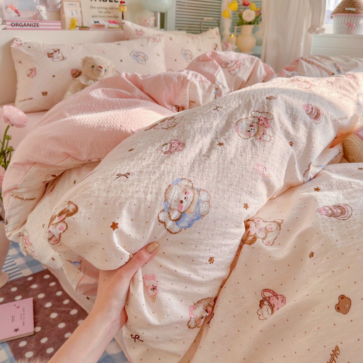 91家纺网 家纺一手货源 找家纺 优选良品 2026新款小清新110g高品质直播热卖款A类泡芙棉双层纱四件套 萌萌狗