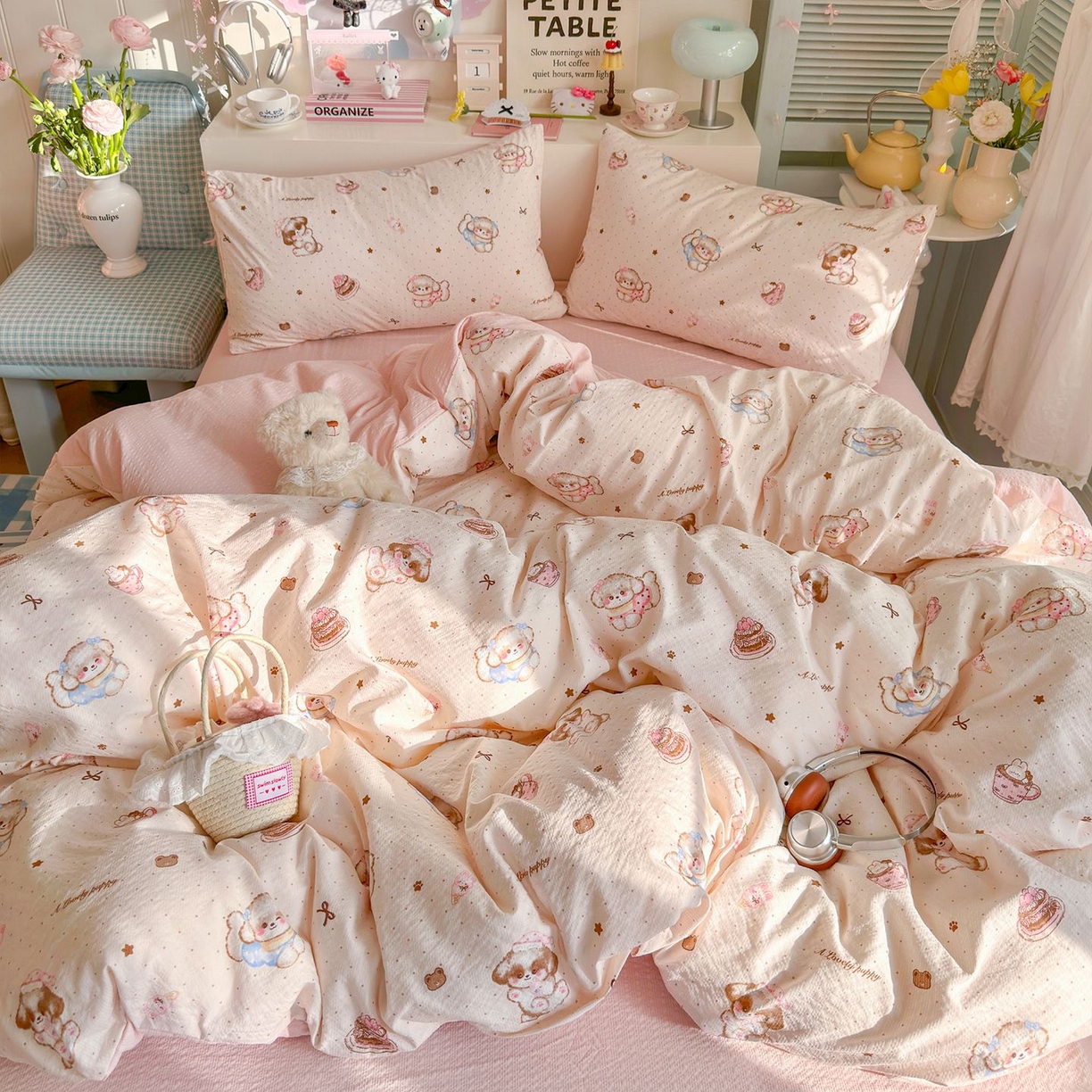 91家纺网 家纺一手货源 找家纺 优选良品 2026新款小清新110g高品质直播热卖款A类泡芙棉双层纱四件套 萌萌狗