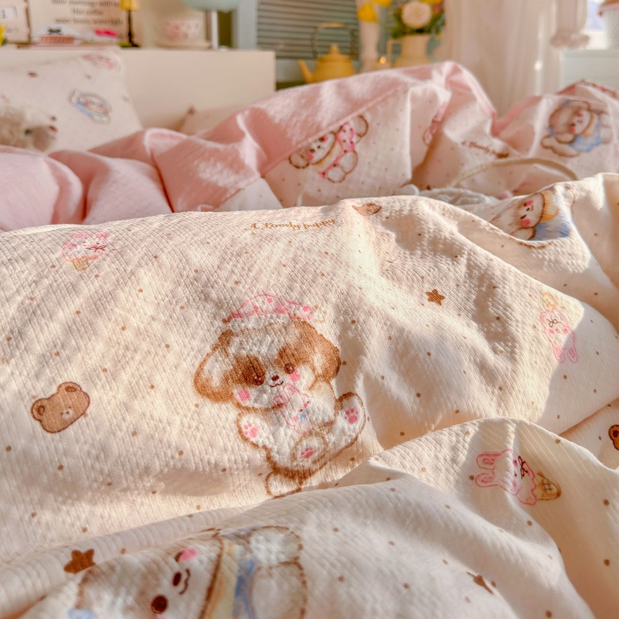 91家纺网 家纺一手货源 找家纺 优选良品 2026新款小清新110g高品质直播热卖款A类泡芙棉双层纱四件套 萌萌狗