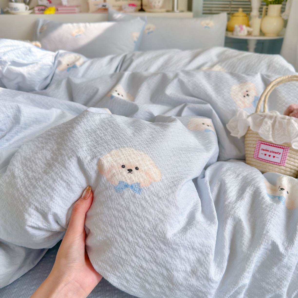 91家纺网 家纺一手货源 找家纺 优选良品 2026新款小清新110g高品质直播热卖款A类泡芙棉双层纱四件套 绒绒狗