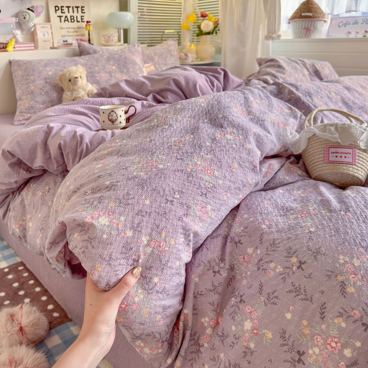 91家纺网 家纺一手货源 找家纺 优选良品 2026新款小清新110g高品质直播热卖款A类泡芙棉双层纱四件套 香风颂