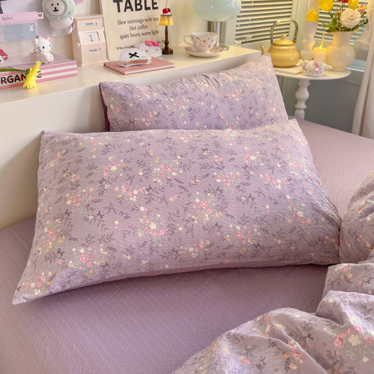 91家纺网 家纺一手货源 找家纺 优选良品 2026新款小清新110g高品质直播热卖款A类泡芙棉双层纱四件套 香风颂