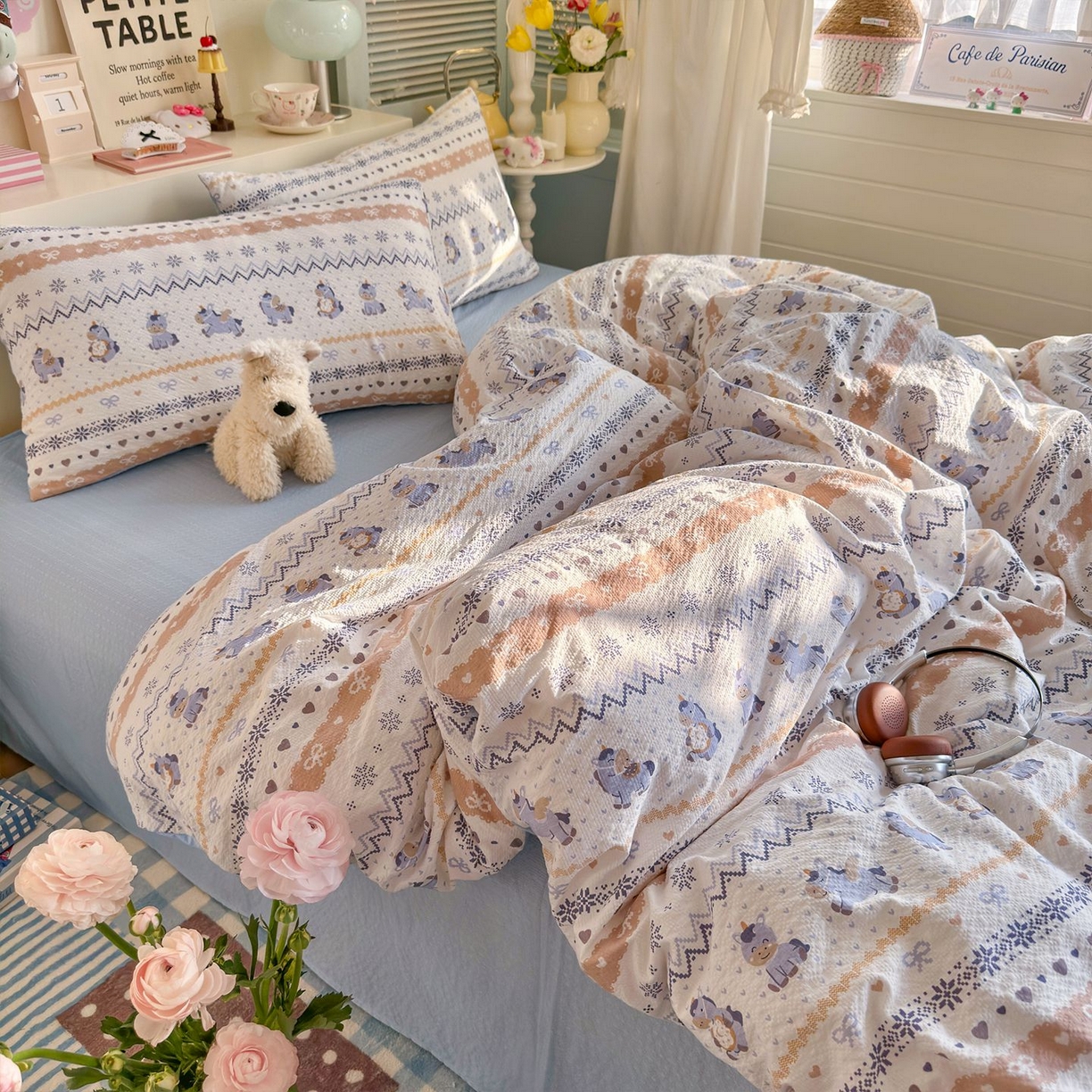 91家纺网 家纺一手货源 找家纺 优选良品 2026新款小清新110g高品质直播热卖款A类泡芙棉双层纱四件套 小马独角兽