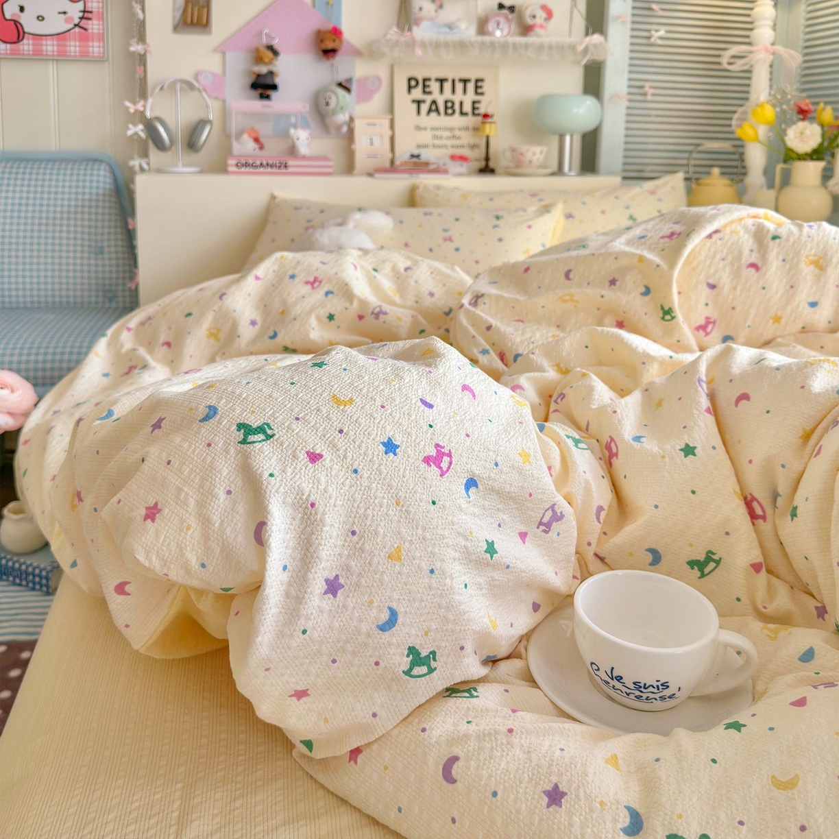 91家纺网 家纺一手货源 找家纺 优选良品 2026新款小清新110g高品质直播热卖款A类泡芙棉双层纱四件套 绚烂星空