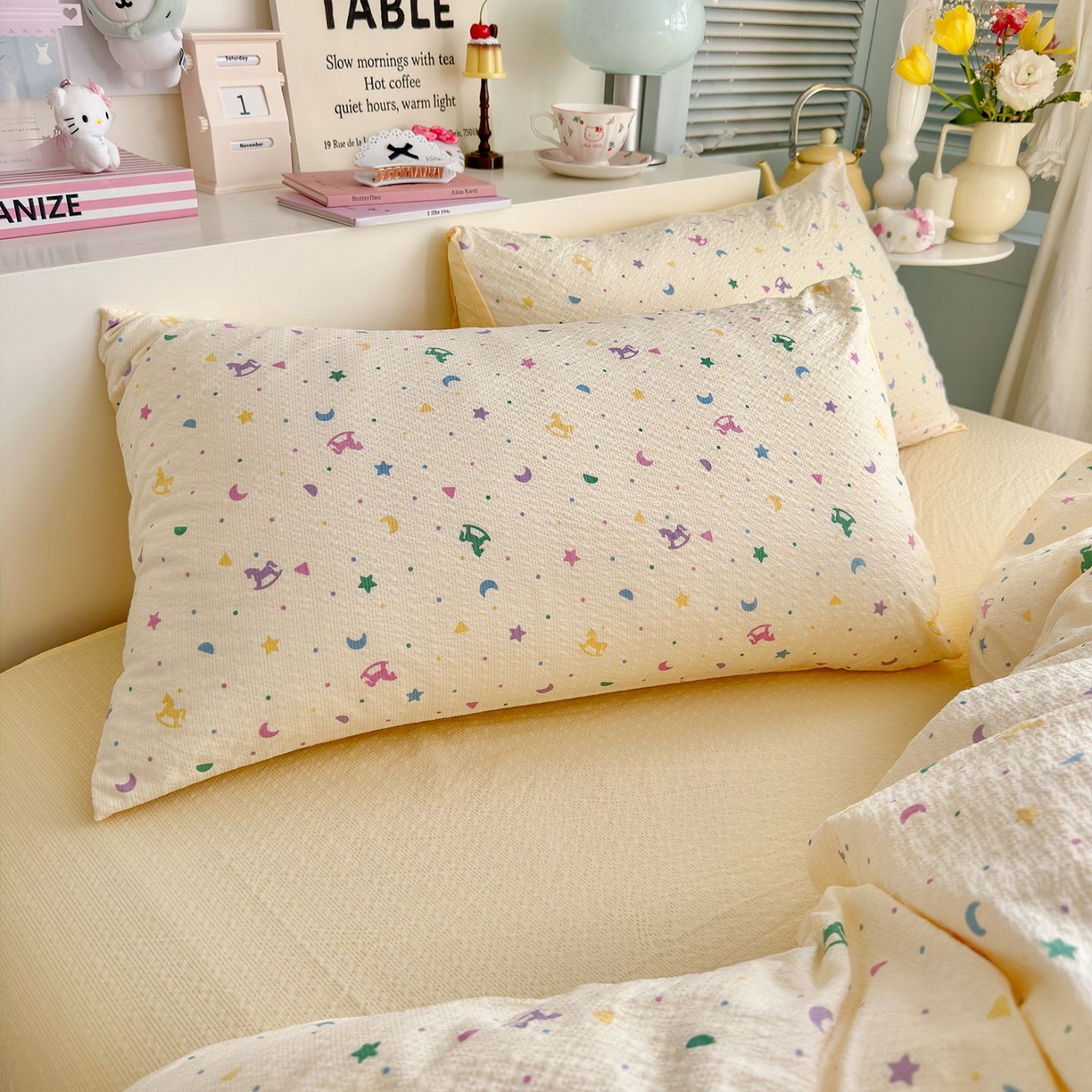 91家纺网 家纺一手货源 找家纺 优选良品 2026新款小清新110g高品质直播热卖款A类泡芙棉双层纱四件套 绚烂星空