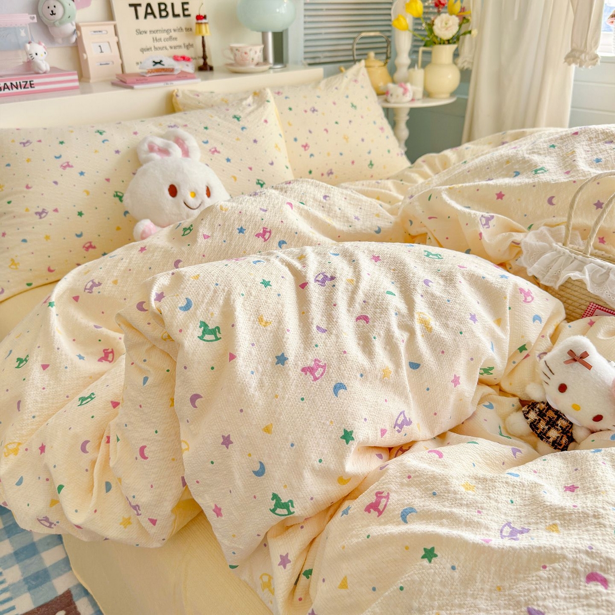 91家纺网 家纺一手货源 找家纺 优选良品 2026新款小清新110g高品质直播热卖款A类泡芙棉双层纱四件套 绚烂星空