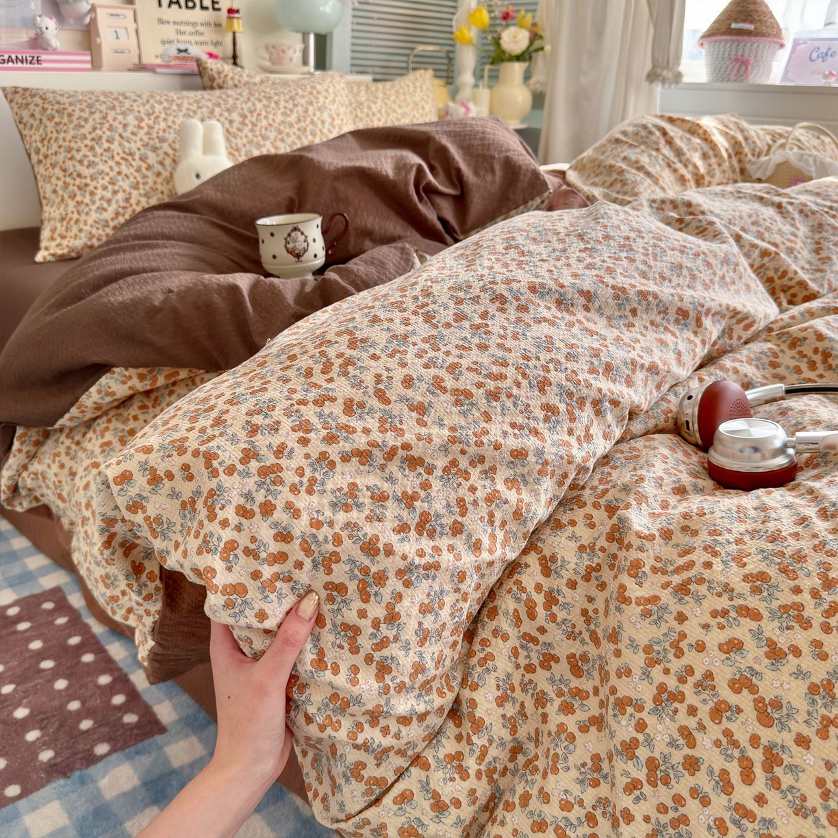 91家纺网 家纺一手货源 找家纺 优选良品 2026新款小清新110g高品质直播热卖款A类泡芙棉双层纱四件套 伊柠