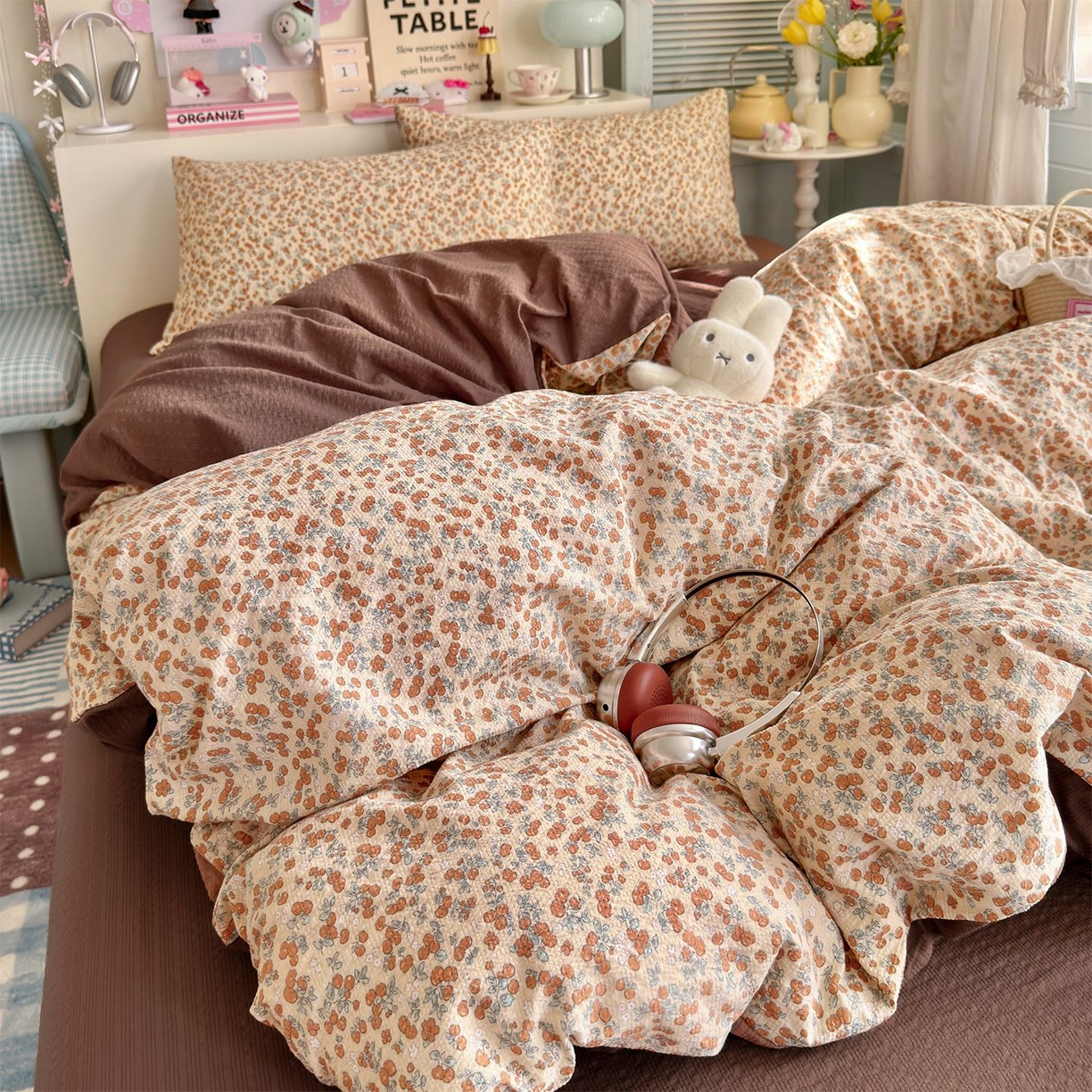 91家纺网 家纺一手货源 找家纺 优选良品 2026新款小清新110g高品质直播热卖款A类泡芙棉双层纱四件套 伊柠