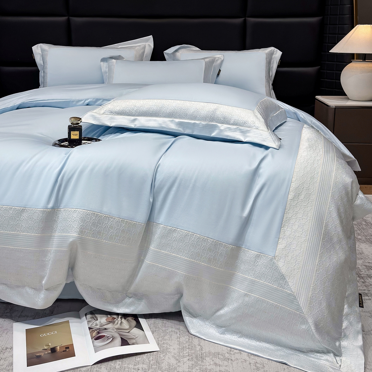 91家纺网 家纺一手货源 找家纺 （总）莱势 2026新款100支全棉纯棉50x50s埃及长绒棉法式高精密金丝提花厚织四件套