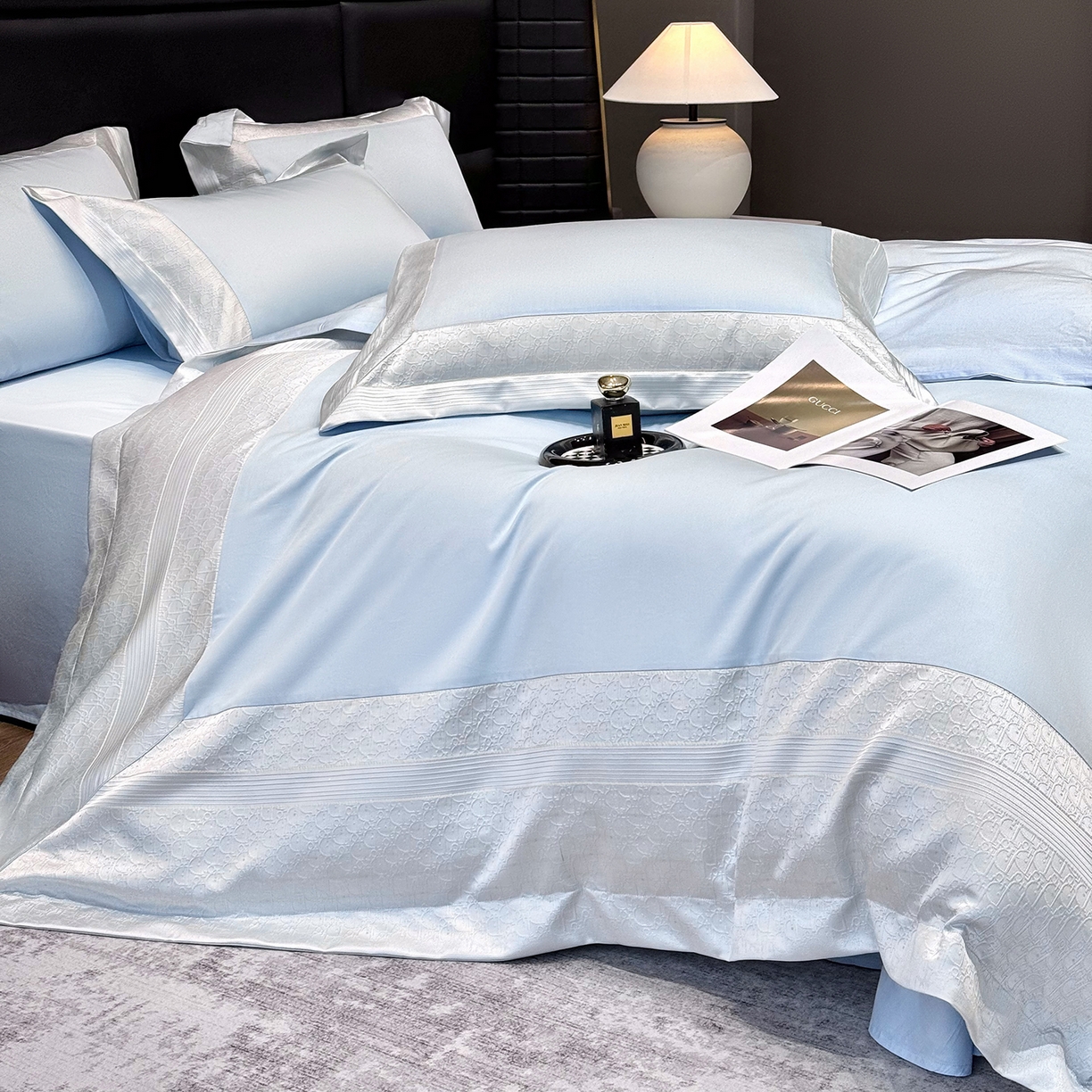 91家纺网 家纺一手货源 找家纺 （总）莱势 2026新款100支全棉纯棉50x50s埃及长绒棉法式高精密金丝提花厚织四件套