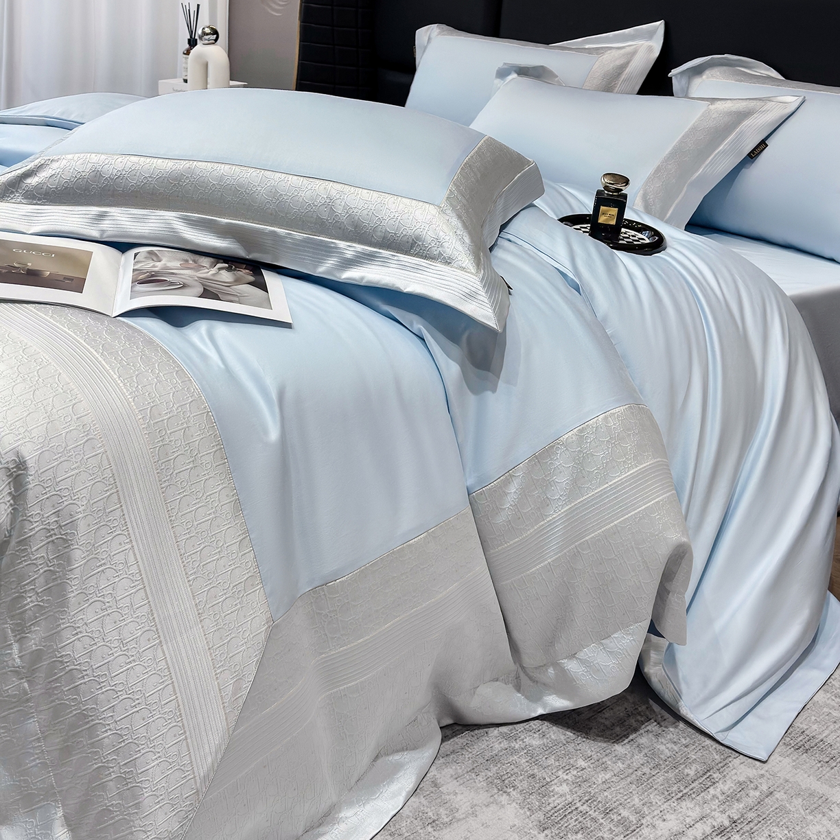 91家纺网 家纺一手货源 找家纺 （总）莱势 2026新款100支全棉纯棉50x50s埃及长绒棉法式高精密金丝提花厚织四件套