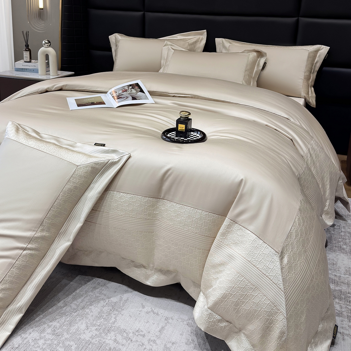 莱势 2026新款100支全棉纯棉50x50s埃及长绒棉法式高精密金丝提花厚织四件套 奢境-香槟金