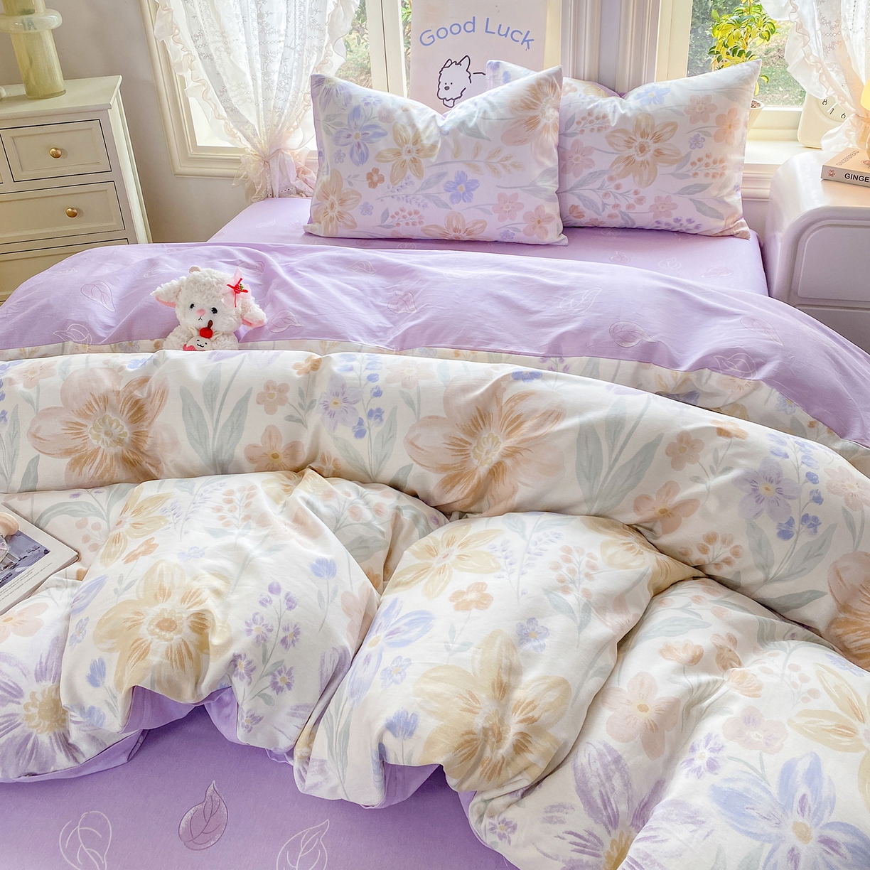 91家纺网 家纺一手货源 找家纺 黑马家居 2026新款13070全棉印花小清新卡通花卉单品被套系列 堇紫盈香