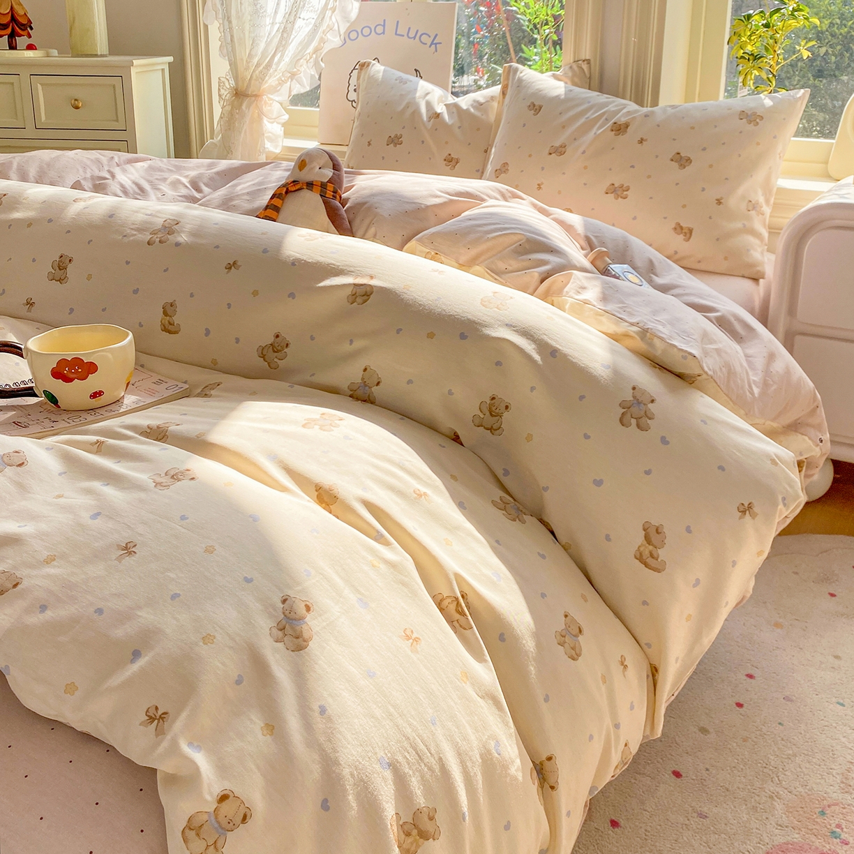 91家纺网 家纺一手货源 找家纺 黑马家居 2026新款13070全棉印花小清新卡通花卉单品被套系列 泡泡熊