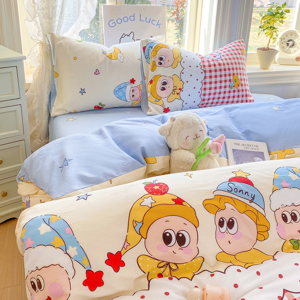 91家纺网 家纺一手货源 找家纺 黑马家居 2026新款13070全棉印花小清新卡通花卉单品被套系列 晚安星星人