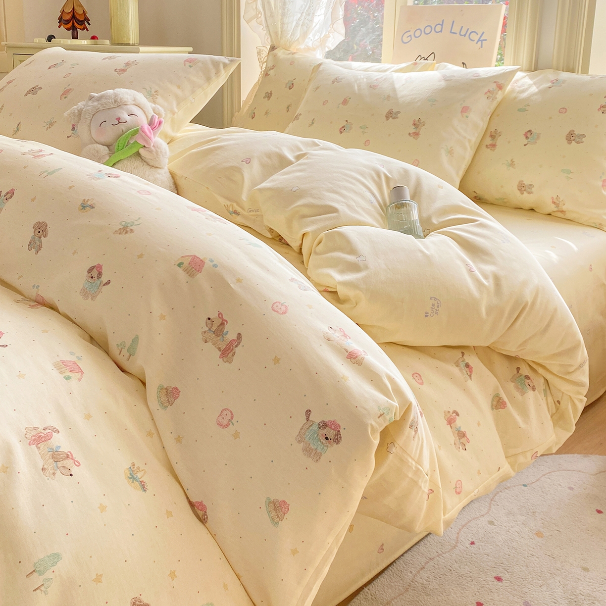 黑马家居 2026新款13070全棉印花小清新卡通花卉四件套系列 彩绘小狗