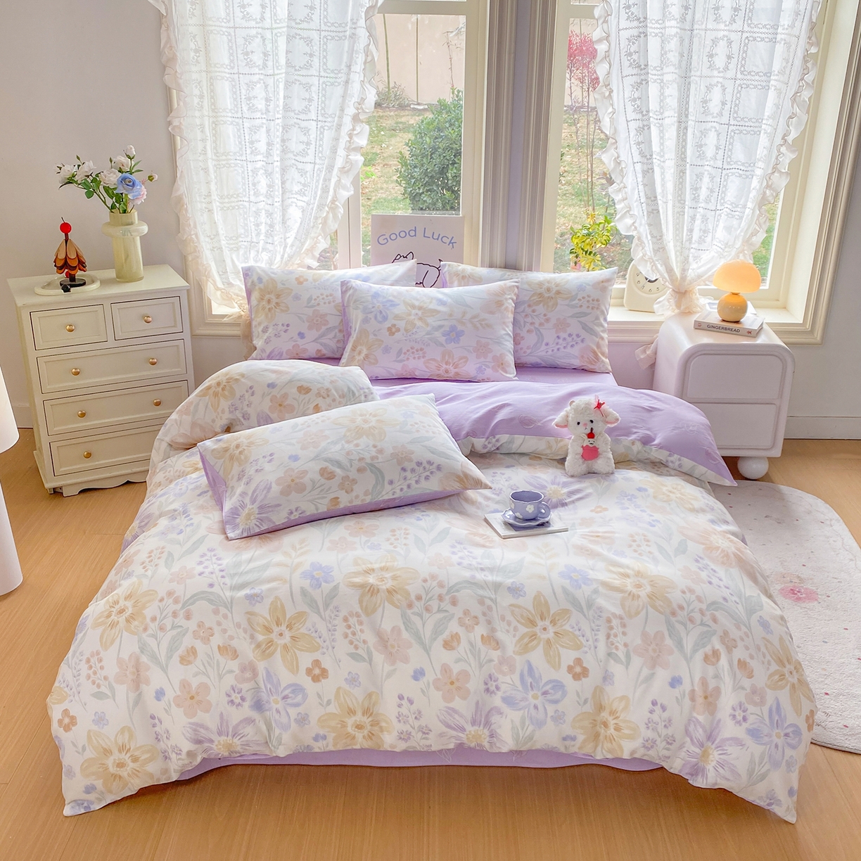 91家纺网 家纺一手货源 找家纺 黑马家居 2026新款13070全棉印花小清新卡通花卉四件套系列 堇紫盈香