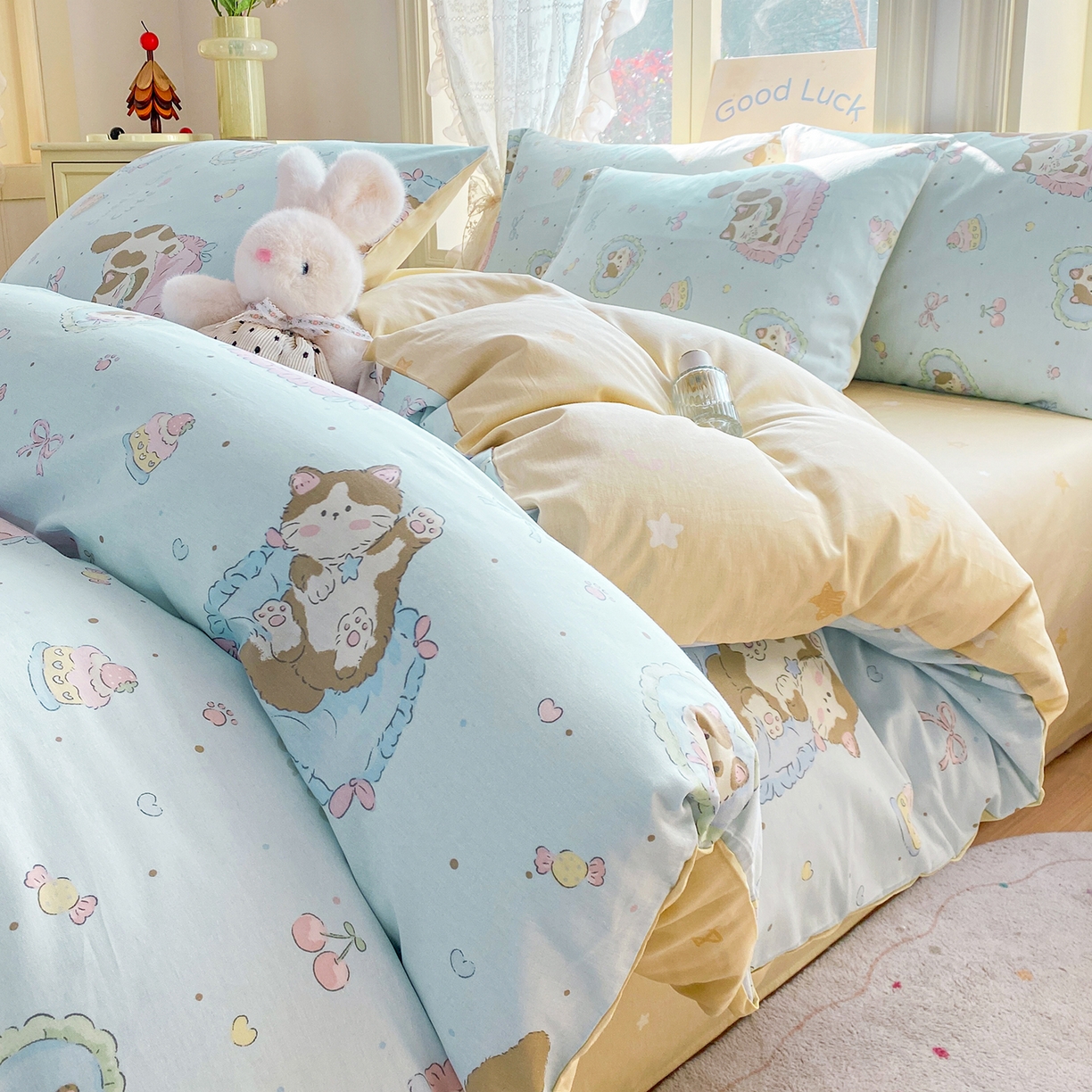 黑马家居 2026新款13070全棉印花小清新卡通花卉四件套系列 懒猫猫