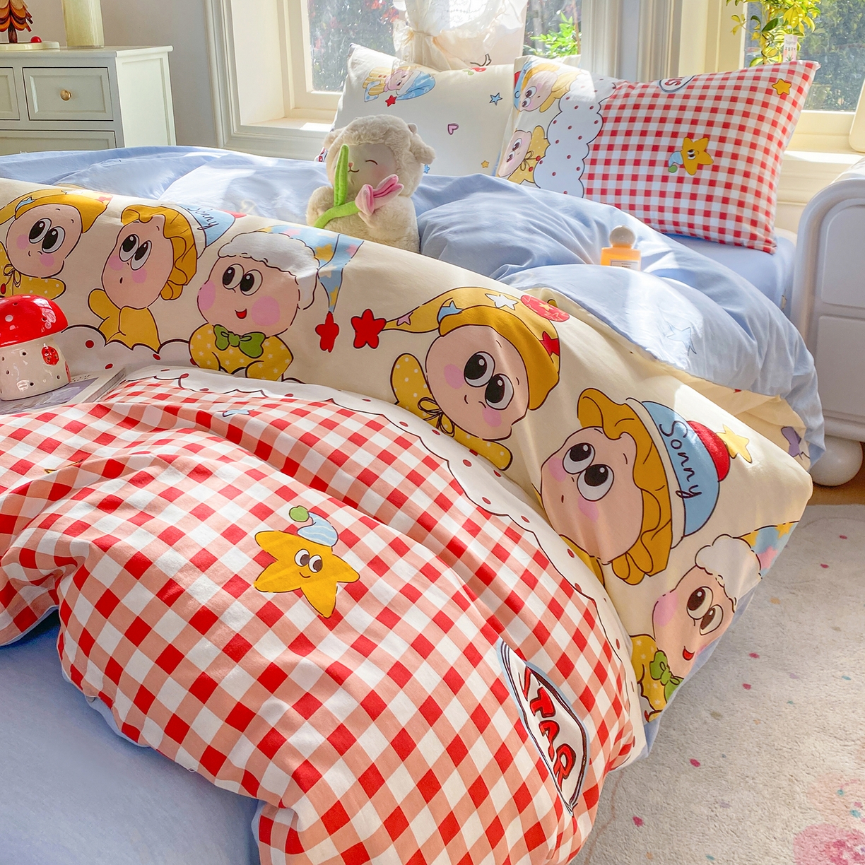 91家纺网 家纺一手货源 找家纺 黑马家居 2026新款13070全棉印花小清新卡通花卉四件套系列 晚安星星人