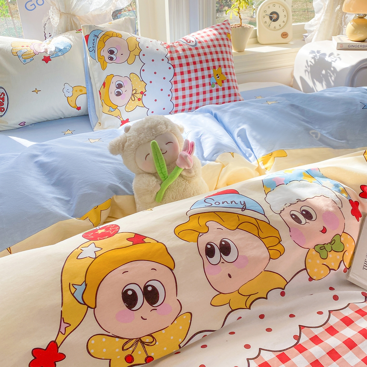 91家纺网 家纺一手货源 找家纺 黑马家居 2026新款13070全棉印花小清新卡通花卉四件套系列 晚安星星人