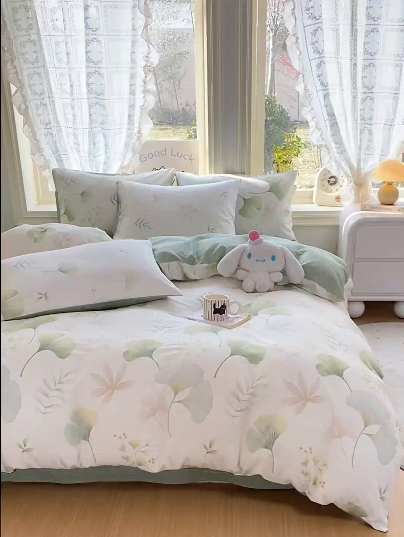 91家纺网 家纺一手货源 找家纺 黑马家居 2026新款13070全棉印花小清新卡通花卉四件套系列 幸运叶