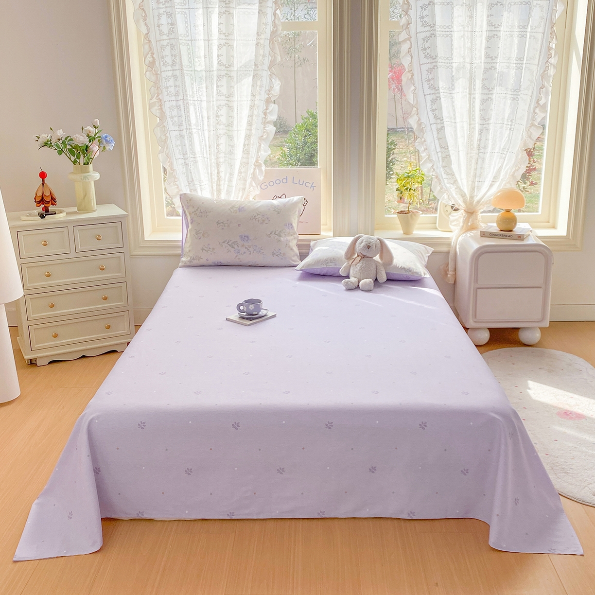 91家纺网 家纺一手货源 找家纺 黑马家居 2026新款13070全棉印花小清新卡通花卉四件套系列 紫韶