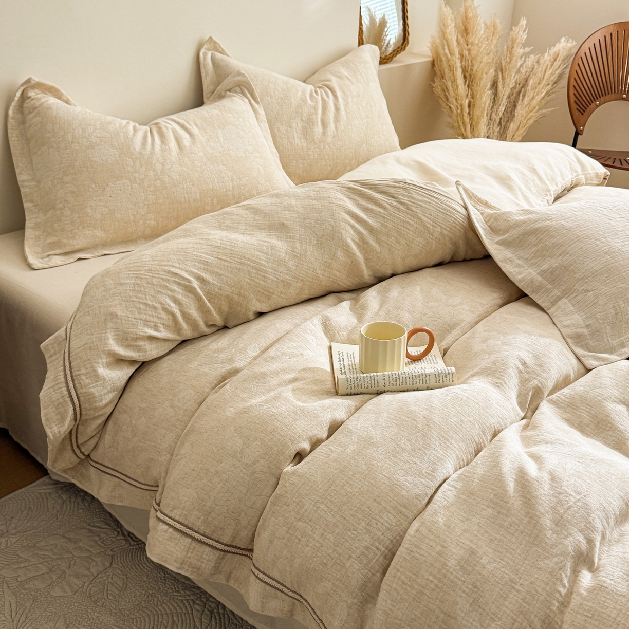 91家纺网 家纺一手货源 找家纺 KA家纺 2026春夏新品色织提花棉麻四件套  织带款 织带丛境花语