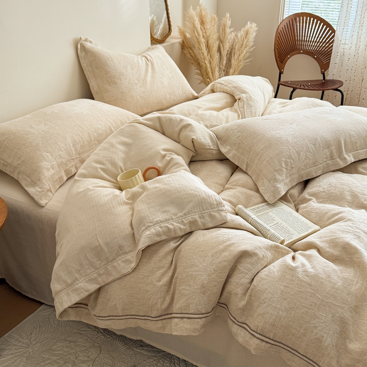 91家纺网 家纺一手货源 找家纺 KA家纺 2026春夏新品色织提花棉麻四件套  织带款 织带枫聆