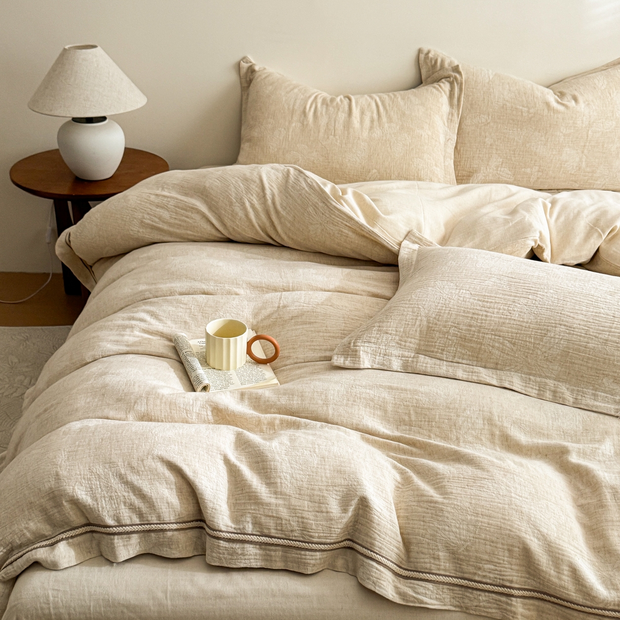 91家纺网 家纺一手货源 找家纺 KA家纺 2026春夏新品色织提花棉麻四件套  织带款 织带蝶舞