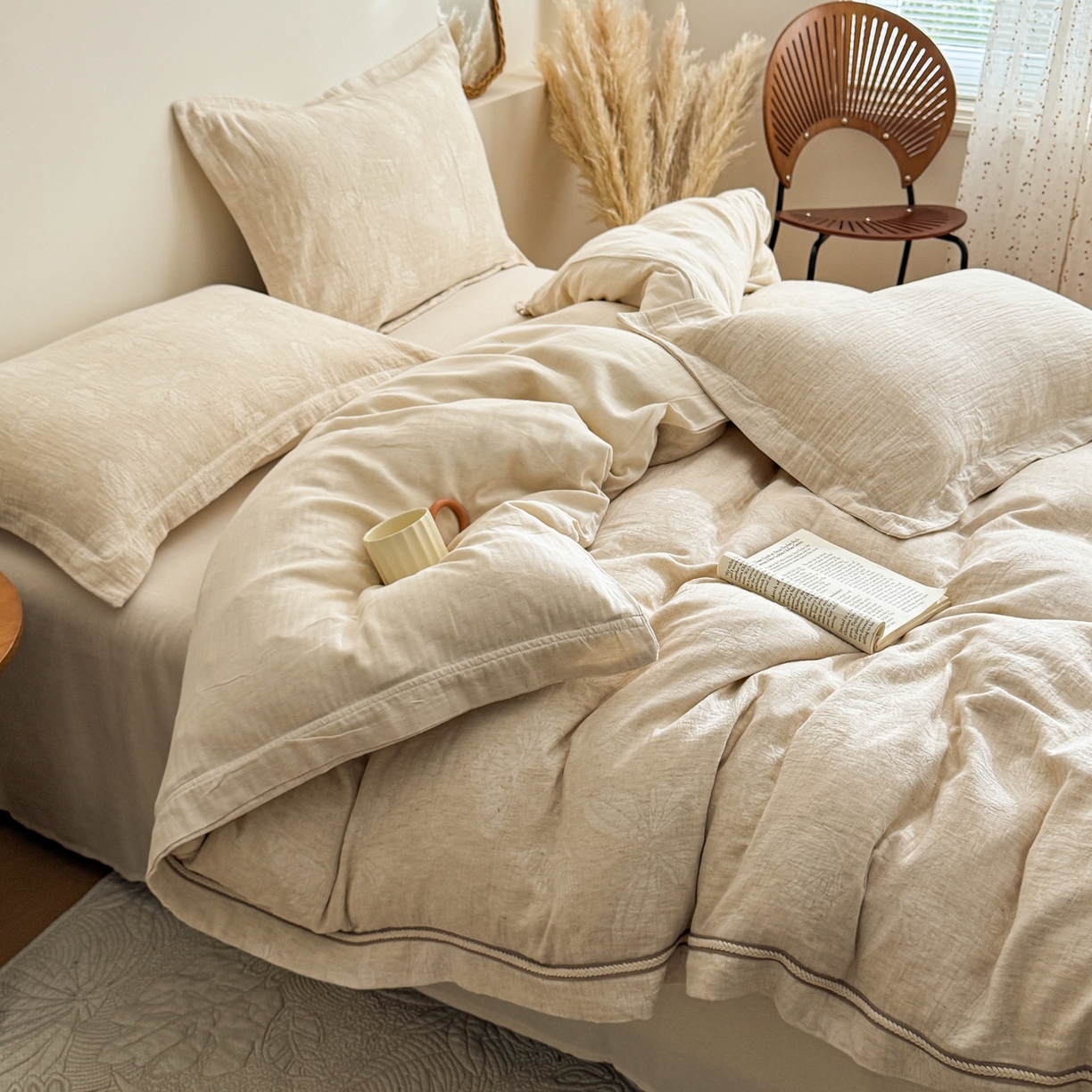 91家纺网 家纺一手货源 找家纺 KA家纺 2026春夏新品色织提花棉麻四件套  织带款 织带蝶舞