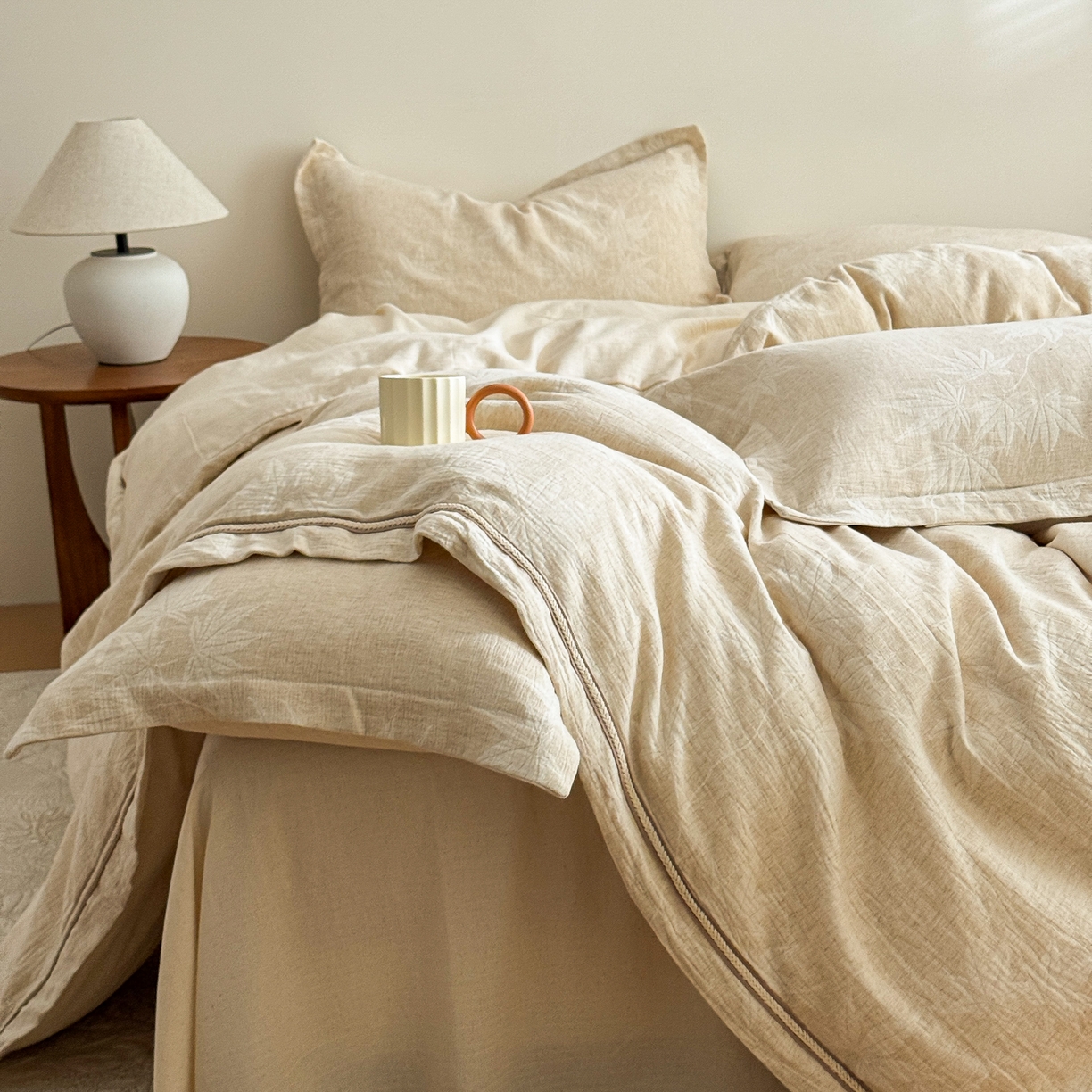 91家纺网 家纺一手货源 找家纺 KA家纺 2026春夏新品色织提花棉麻四件套  织带款 织带枫聆