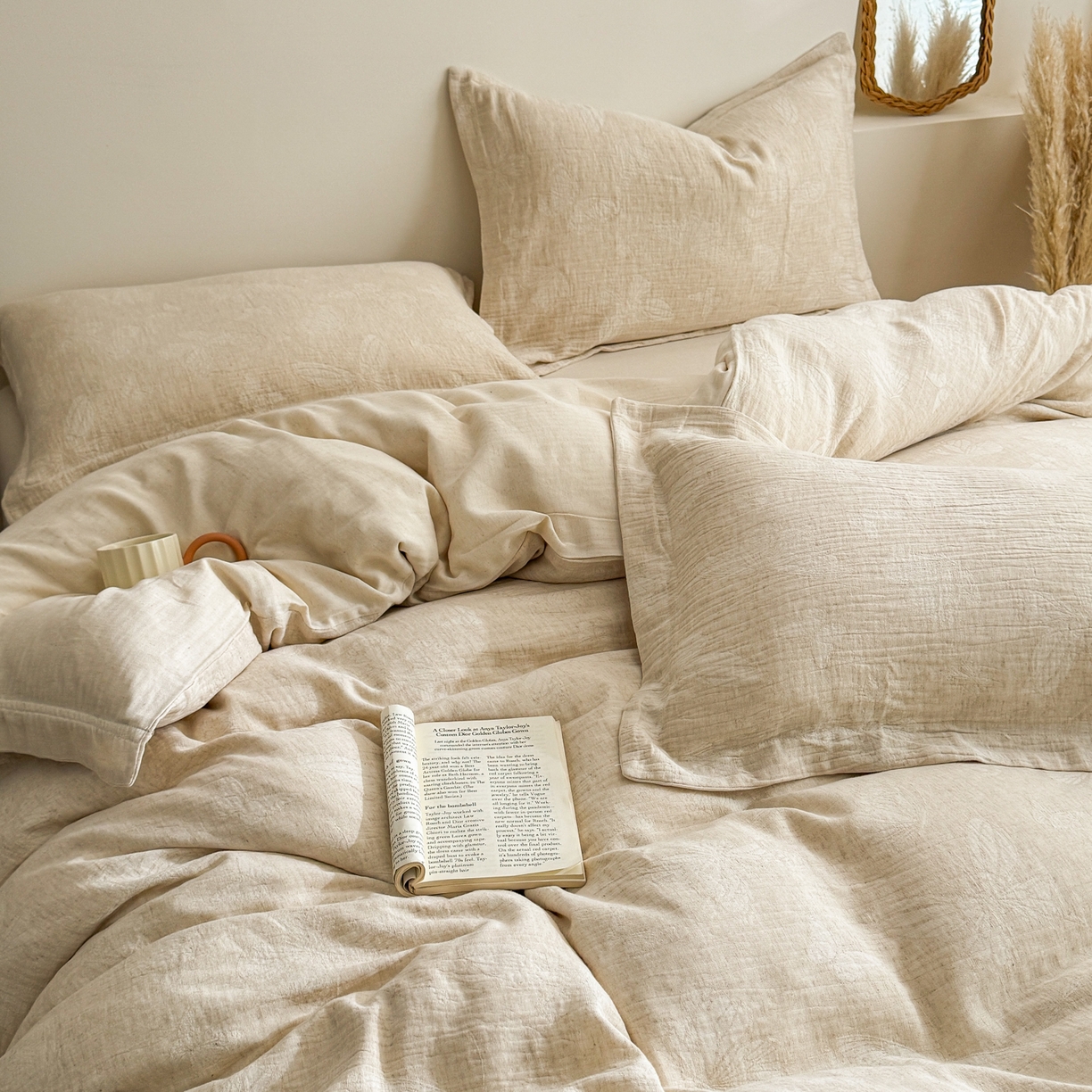 91家纺网 家纺一手货源 找家纺 KA家纺 2026春夏新品色织提花棉麻四件套  织带款 织带蝶舞