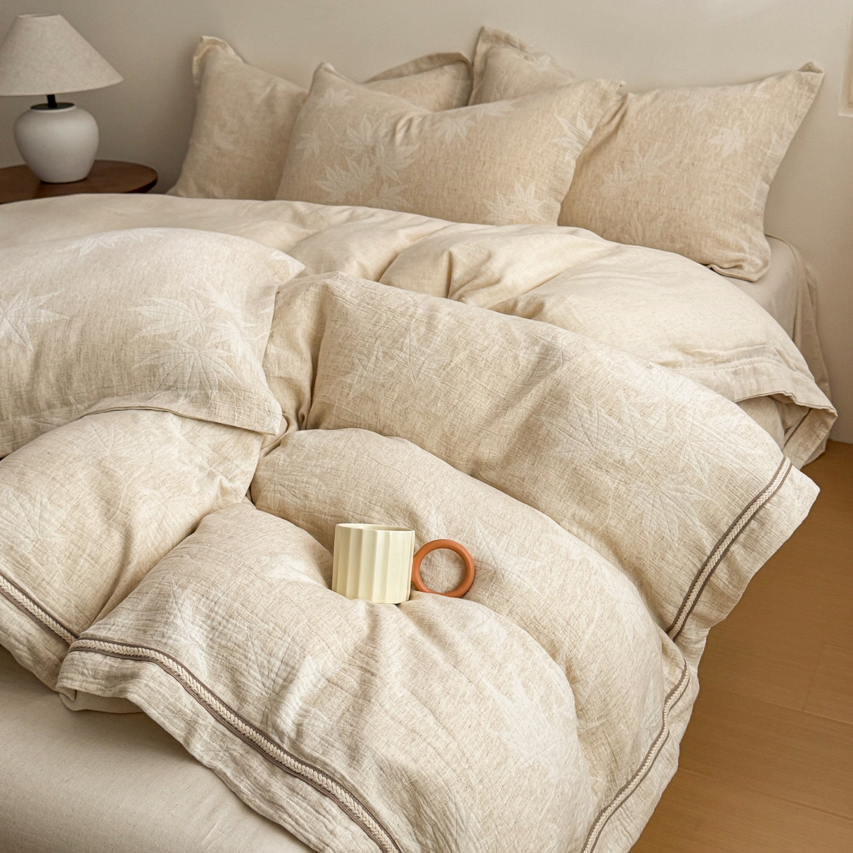 91家纺网 家纺一手货源 找家纺 KA家纺 2026春夏新品色织提花棉麻四件套  织带款 织带枫聆