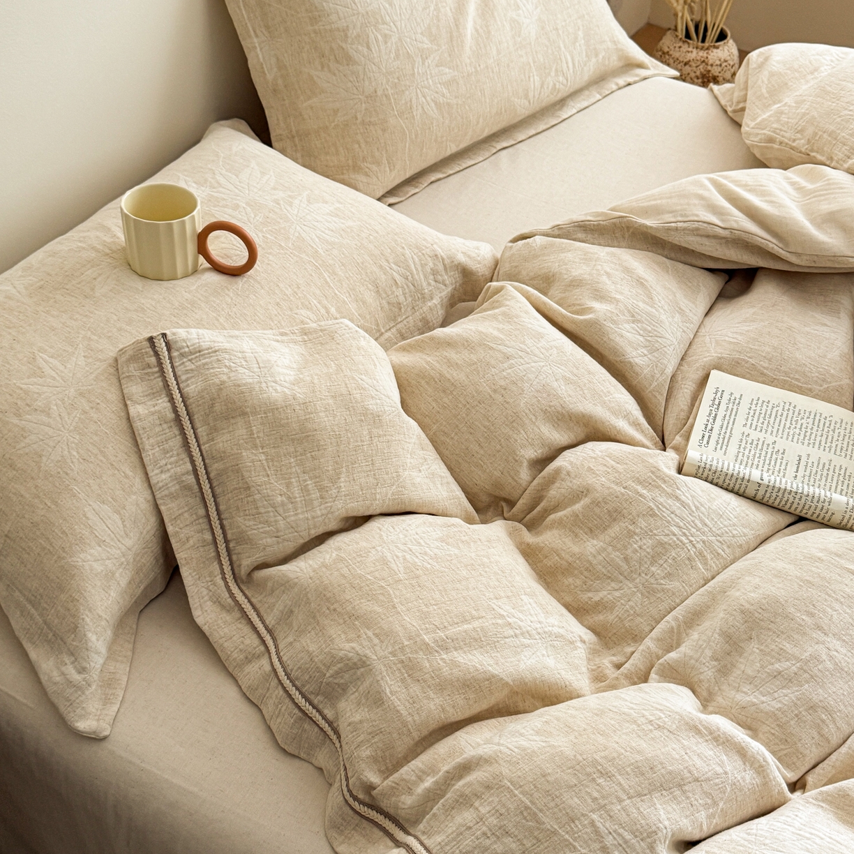 91家纺网 家纺一手货源 找家纺 KA家纺 2026春夏新品色织提花棉麻四件套  织带款 织带枫聆