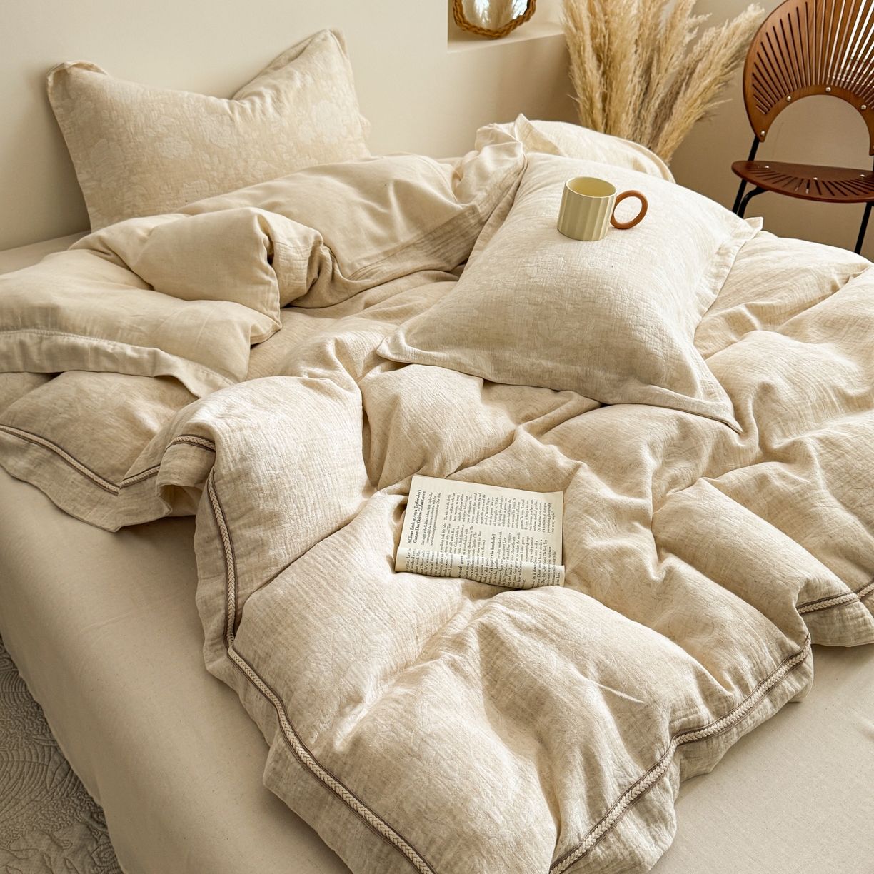 91家纺网 家纺一手货源 找家纺 KA家纺 2026春夏新品色织提花棉麻四件套  织带款 织带丛境花语