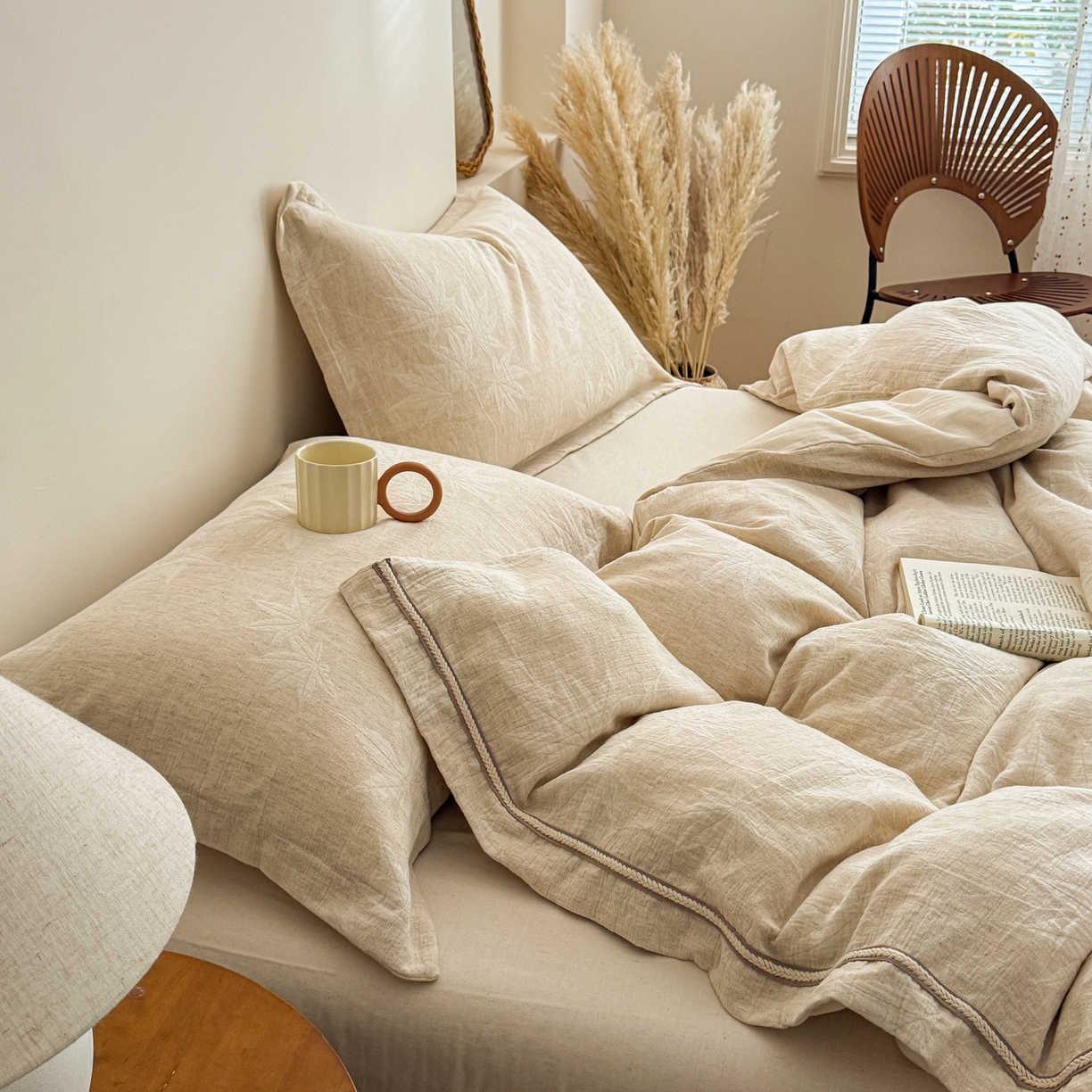 91家纺网 家纺一手货源 找家纺 KA家纺 2026春夏新品色织提花棉麻四件套  织带款 织带枫聆