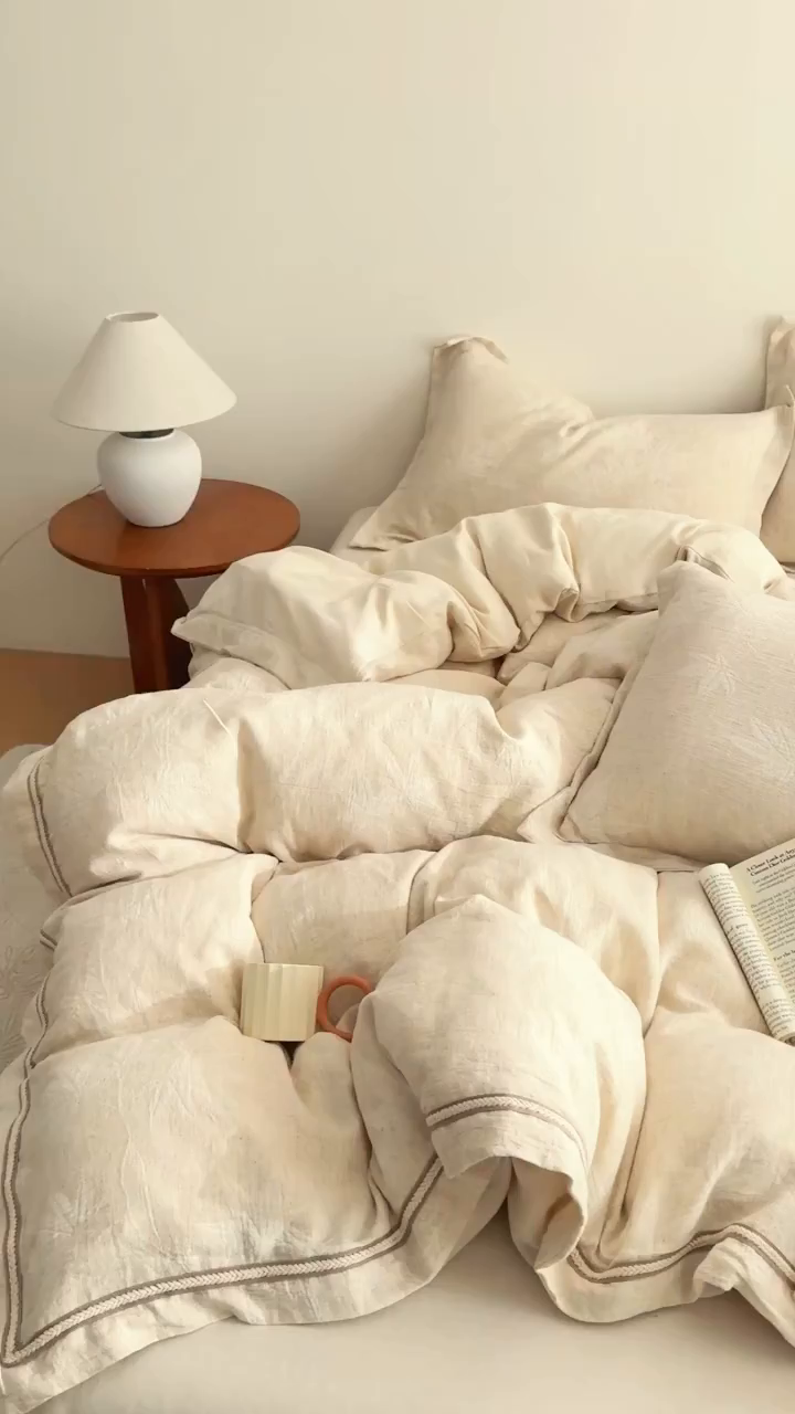 91家纺网 家纺一手货源 找家纺 KA家纺 2026春夏新品色织提花棉麻四件套  织带款 织带枫聆