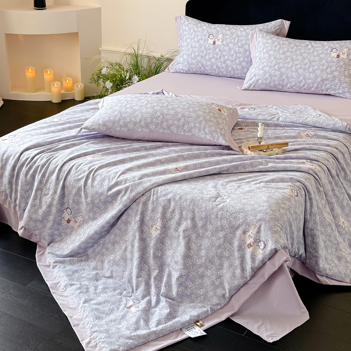 91家纺网 家纺一手货源 找家纺 迷尚家居 2026新款冰丝柔夏被四件套 花田兔紫